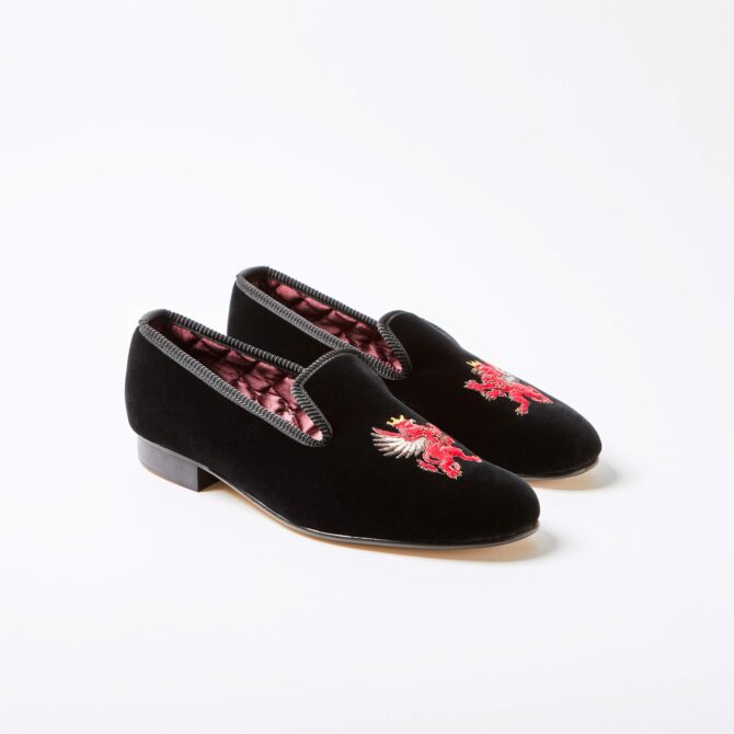 Black Velvet Albert Slippers with Embroidered Griffin