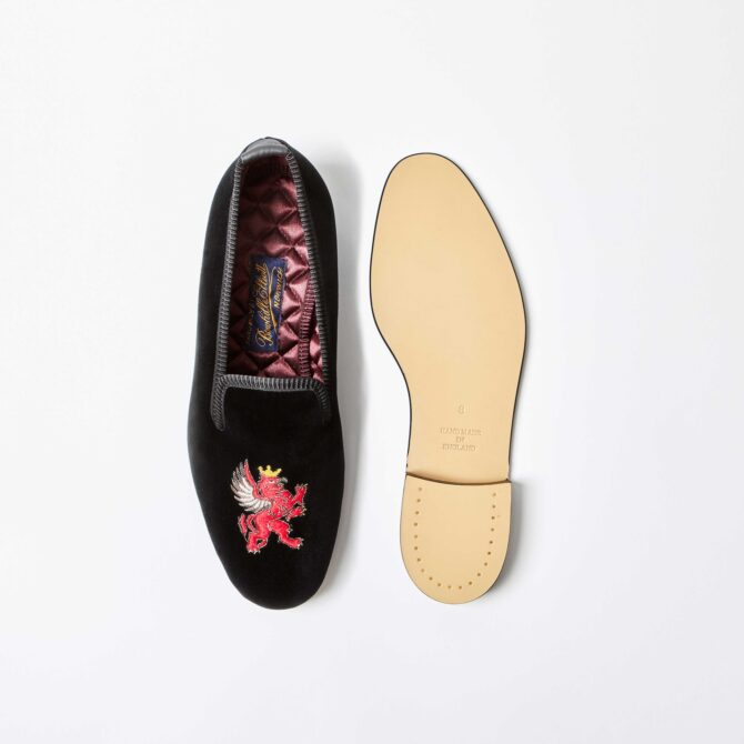 Black Velvet Albert Slippers with Embroidered Griffin