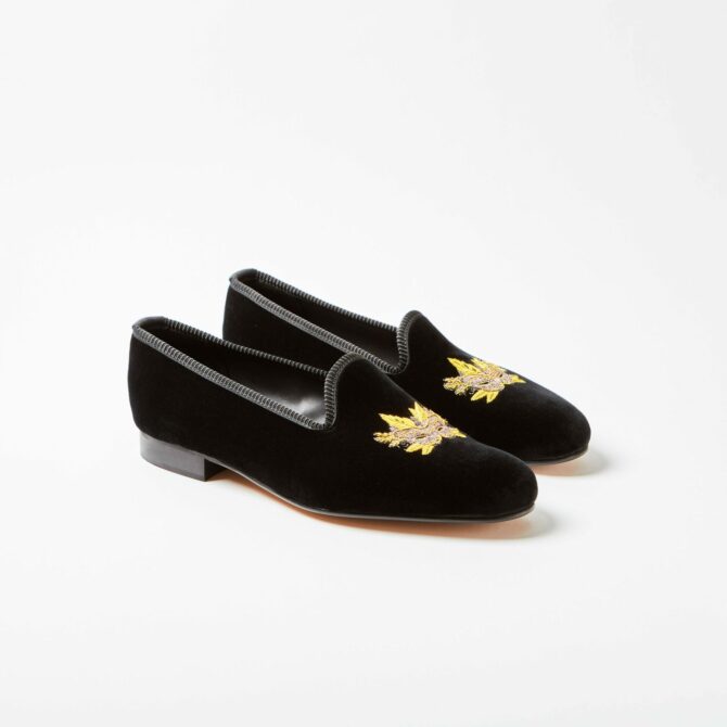 Black Velvet Venetian Slippers with Embroidered Gold Mask