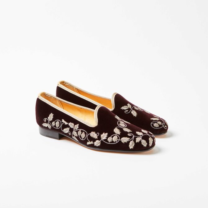 Brown Velvet Venetian Slippers with Embroidered Antique Gold Ivy