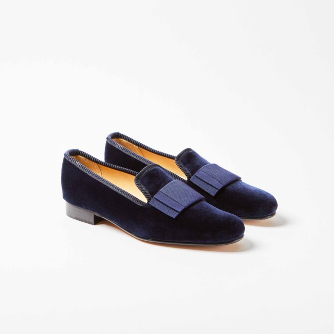 Navy Velvet Albert Slippers with Flat Bow