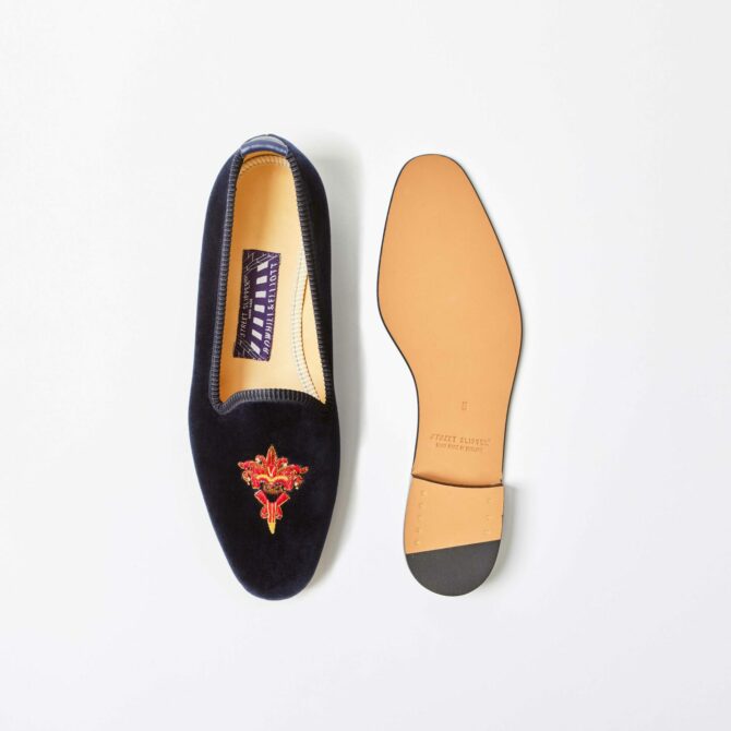 Navy Velvet Venetian Slippers with Embroidered Jester Mask