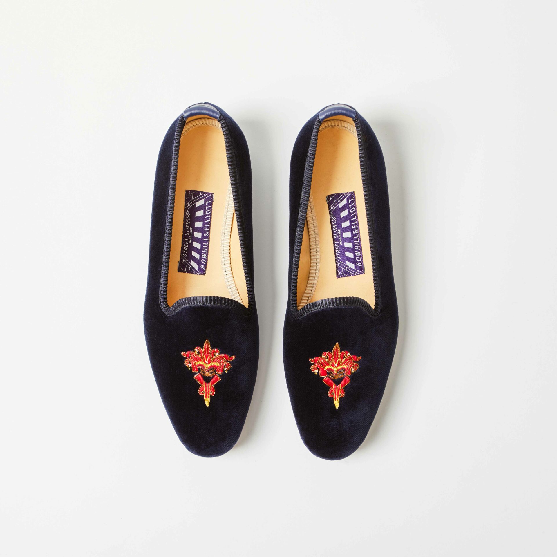 Navy Velvet Venetian Slippers with Embroidered Jester Mask | Bowhill ...