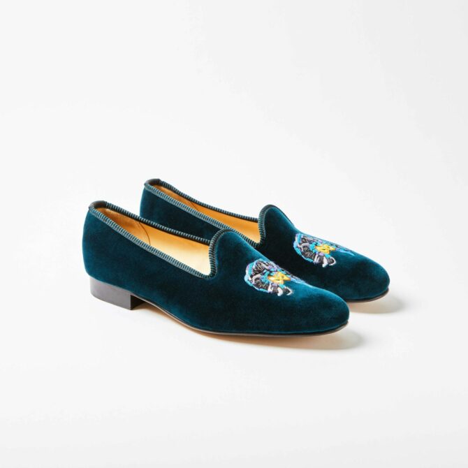 Teal Velvet Venetian Slippers with Embroidered Feathered Mask