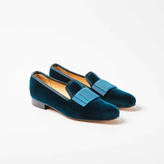 Teal Velvet Albert Slippers with Flat Bow